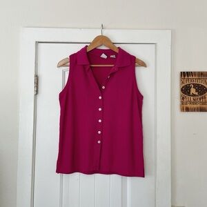 Women's Vintage Basic Essentials Polo Tank Sleeveless Pink Button-Up Top Size M